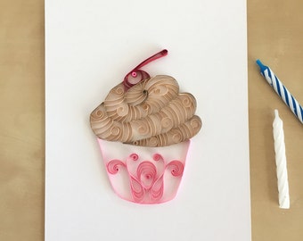 Quilling Paper Tan and Pink Cupcake Home Decor, Chocolate Pink Cupcake Art, Girls Room Decor, Toddler Baby Girl Gift, Girls Cupcake Art