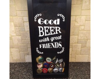Good Beer with Great Friends - Bottle Cap Holder - Shadow Box (6" x 14") - Vinyl Decal Gifts, Home Bar Accessories