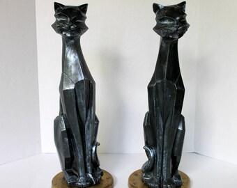 Modern Cubist Black Cat Statues - Universal Statuary Corp - Vintage Halloween Decorations - Mid Century Home Decor