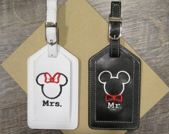Mr. & Mrs. Set of Two Leather Luggage Tags, Custom Embroidered w/ Mouse Designs and Gift Box; Fun for Travel