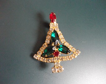 Vintage Clear, Red and Green Glass Rhinestone Christmas Tree Brooch Pin
