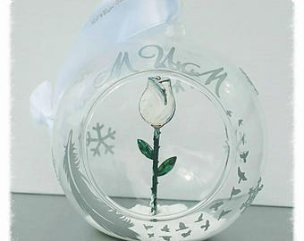 Memorial tree bauble, rememberance tree decoration, bereavement Christmas tree, personalised handmade glass bauble, white rose glass bauble