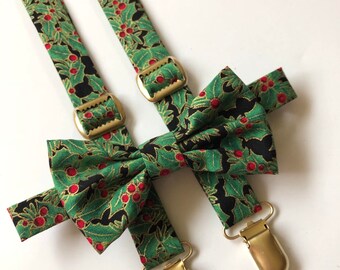 Christmas Bow tie and suspender, Christmas Holly suspenders and bow Tie, Holly Bow tie and suspenders