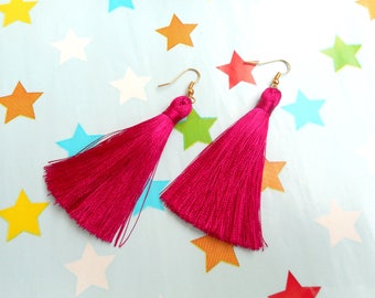 Hot Pink Tassel Earrings, Neon Pink Earrings, Fuchsia Tassel Earrings, Silk Tassel Earrings, Wedding Earrings, Hot Pink Earrings.