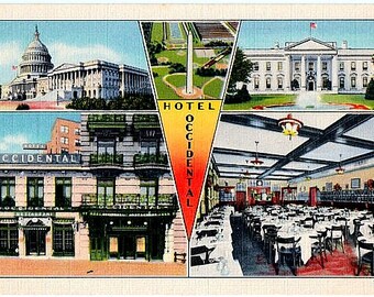 Vintage Washington DC Postcard - The Occidental Hotel and DC Landmarks (Unused)