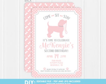 DIY Puppy Party Invitation - Printable puppy party Invitation - Girl pink - Edit the file at home - Print or email however you want