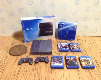 Dolls house handmade miniature Ps4 bundle - console + box, 2 controllers, headset and 5 games 1/12 scale