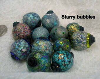 Handmade beads polymer clay opal starry green snow flakes crazy lazy translucent clay bubbles glittered dichro vertigo necklace, angelina