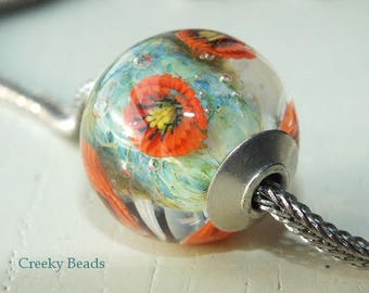 Silver Capped & Cored handmade lampwork bead "Poppy Garden!" Creeky Beads SRA