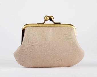 Metal frame purse with two sections - Soft taupe gray - Siamese daddy in faux leather / Two pockets / brown blue gray