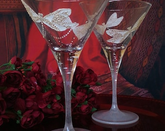 Set of 2 hand painted martini glasses White dragonflies