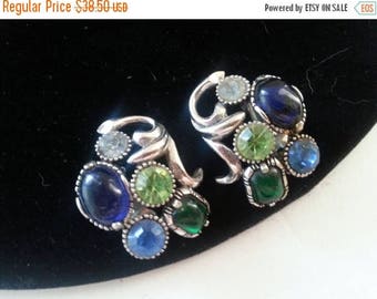 ON SALE Selro Rhinestone Earrings, Vintage Blue Green Rhinestone Earrings, Designer Signed Jewelry, 1950's 1960's