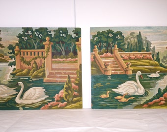 Vintage Paint by Numbers Gorgeous Pair of Paintings - Sweetest Swan Lake