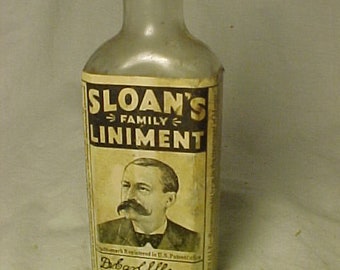 c1930s Sloan's Family Liniment New York ,St. Louis , With paper label ,Labeled Medicine Bottle, Drug Store Decor No.3