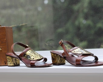 Vintage 1970s Lujano hand made in Italy genuine leather roman sandals metal romantic mid heel sandals Boho shoes vintage 1970s shoes bronze