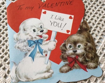 Vintage 1950s Valentine Card 2 Puppies With A Red Heart Collectible Paper Ephemera Art Craft Scrap Booking