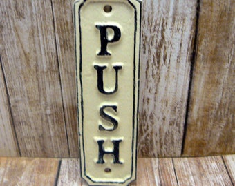 Push Cast Iron Sign Plaque Cream OFF White Wall Decor Sign Shabby Elegance Distressed Door Handle Entrance Home Office Instruction Plaque