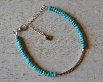 Sleek Chic Turquoise Heishi and Hill Tribe Silver Beaded Bangle Bracelet - All Sterling Silver
