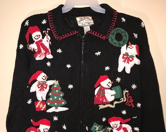 Embroidered Beautiful Heirloom Collection Vintage 1980's Tacky Ugly Christmas Sweater with 6 different Snowmen and Lots of Trinkets Size-M