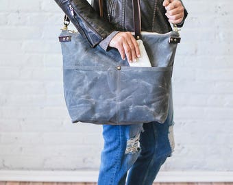 Waxed Canvas Sawyer Bag, Charcoal Gray, Waxed Canvas tote, waxed canvas computer bag, work bag, diaper bag, crossbody travel bag