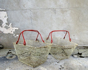 Pair of Rustic Vintage French Wire Baskets - Red & White
