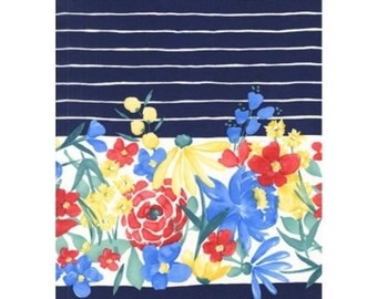 Blooming Border, Michael Miller, floral stripe cotton quilting fabric in Navy