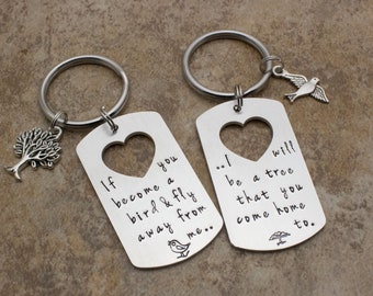 Mother Child Keychain Set | Hand Stamped Quote | Mother Son Set | Mother Daughter Set | Bird Tree | Graduation Gift | Mother Son Gift Set
