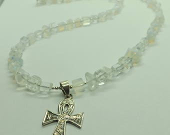 Opalite Gemstone Chips Sterling Silver Egyptian Ankh Pendant Necklace