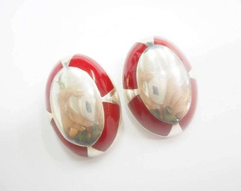 Sterling Earrings, Clip On Earrings, Enamel Earrings, Statement Earrings, Sterling Silver Large Red Enamel Clip On Earrings #2688