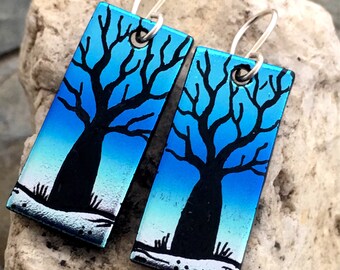 BOAB Tree Earrings Hand Etched Dichroic Glass