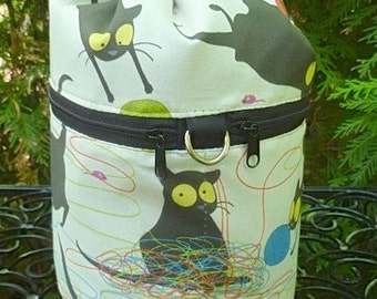Black Cat knitting bag, drawstring bag, knitting in public bag, happy kitty, small project bag, Kipster
