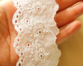 White Cotton Fabric Scallop Trim With Floral Embroidery, 55 mm wide - 041203L69