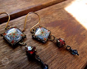 Portuguese tile design earrings, dangle earrings, Mediterranean fashion, long earrings, Bohemian jewelry, red and blue, Vintage beads