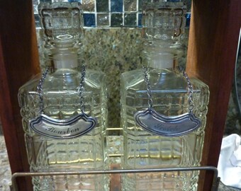 Vintage Whiskey Decanter Set Solid Wood & Brass