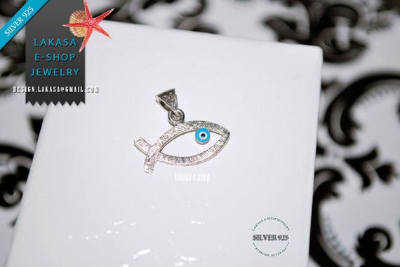 Fish Enamel Blue Eye Sterling Silver white Gold plated Religious Handmade Jewelry Baby Boy Girl Shower Day Mommy Baptism Newborn Men Unisex