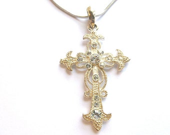 FLEUR Di LIS Silver Rhinestone Vintage Cross, Fancy Silver & Rhinestone Cross, Silvertone Rhinestone Cross Pendant with Neck Chain,
