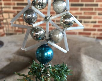 Antique Vintage 1940's Handcrafted Star Mini Tree Topper For Small Tree, Aqua Blue and Silver Mercury Glass Beaded , 3 3/4" Tall