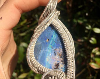 Gorgeous Boulder Opal Silver Wire Wrapped Statement Pendant