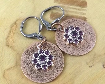 Amethyst Purple Copper Eclipse hand textured copper and Swarovski crystal gunmetal leverback earrings