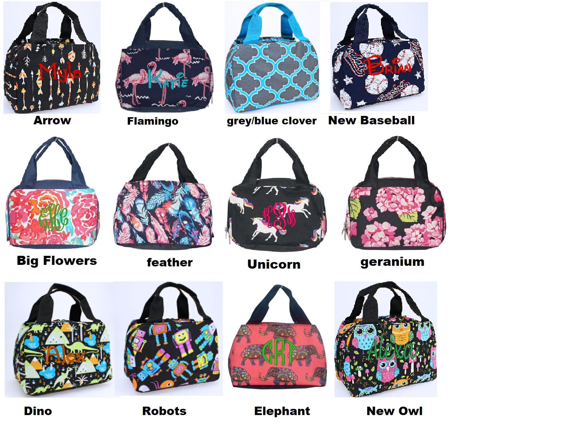 Personalized Lunch bags in New ColorsChevron colorsOwl