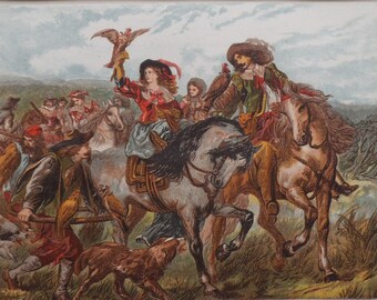 Antique Print c1890 - Shakespeare Sonnet XCI - Side Saddle Lady - Hawking - Some Glory in their Birth -Robt Dudley - Matted - Ready to Frame