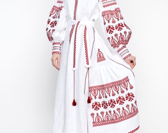 Embroidered Long Boho Dress white for women. Ukrainian Vyshyvanka. Red embroidery Boho style. Best girls wedding dresses.