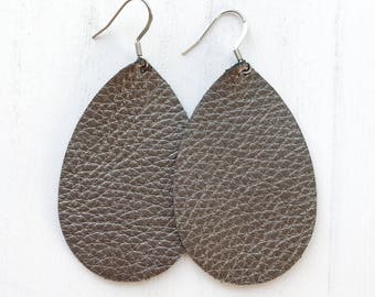 Gunmetal Leather Teardrop Earrings
