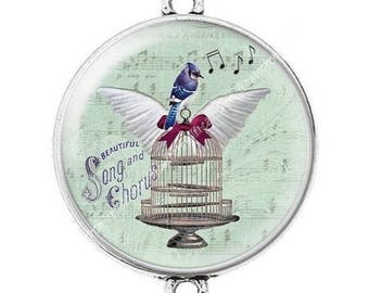 Large silver cabochon connector sheet music bird c27