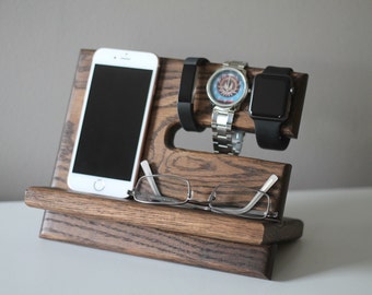Night Stand Oak Wood Valet |iPhone Galaxy Charging Stand |Nightstand Dock | Graduation Father's Day Birthday For Him| Fitbit Jawbone