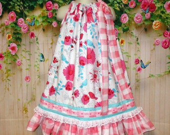 Girls Dress 5/6 Aqua, Pink Floral Design Birds Pillowcase Dress, Pillow Case Dress, Sundress, Boutique Dress