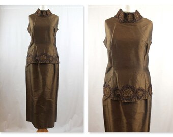 1960's Classic raw silk two piece tunic top and skirt suit