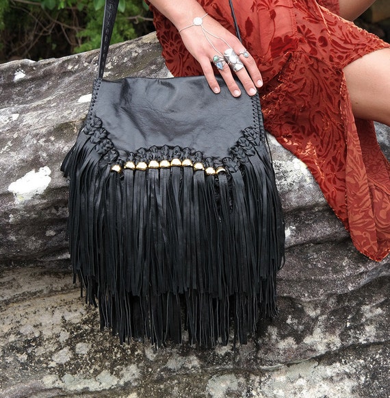 Items similar to Leather fringe bag | black purse | leather satchel on Etsy