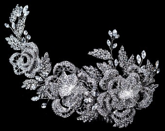 Rhodium Clear Rhinestone Floral Rose Side Accented Comb