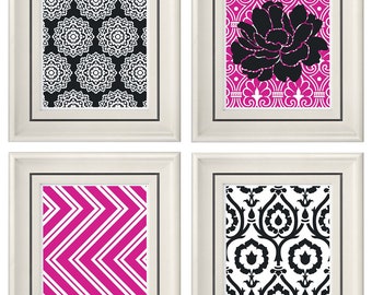 Set of Four Modern Fuchsia/Gray Wall Art- Print Set - Home Decor (Unframed)